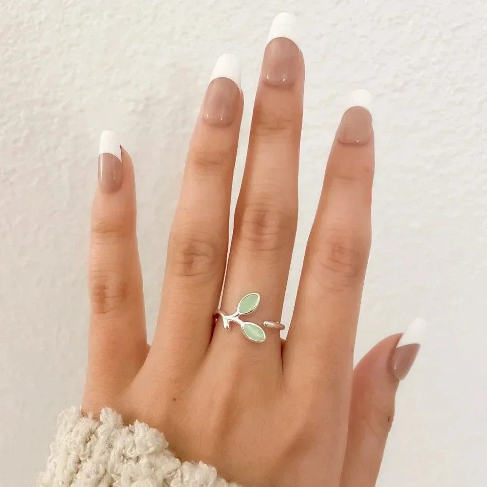 925 Sterling Silver Dainty Leaf Ring Twig Ring Branch Ring Green Stone Ring